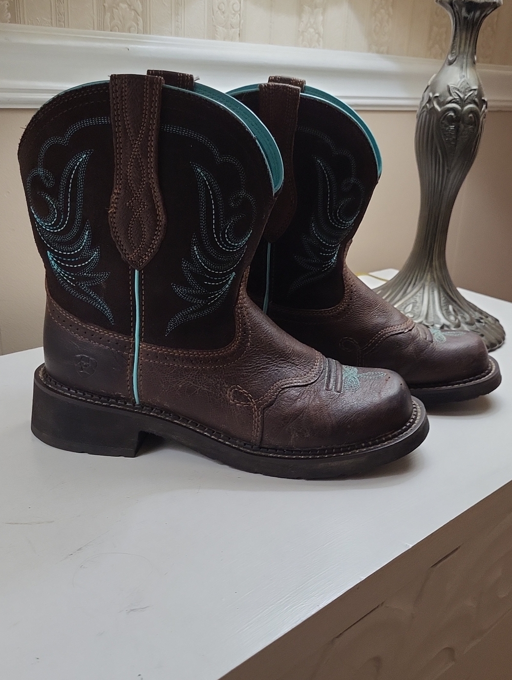 Ariat Brown Leather Ankle Cowboy Boots with Turquoise Stitching, 8.5